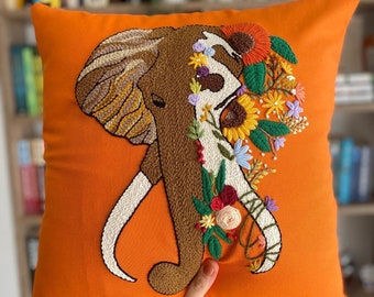 Punch Needle Pillow Case Elephant, House Gift Decorative Pillow Cover, Handmade Embroidery Decor