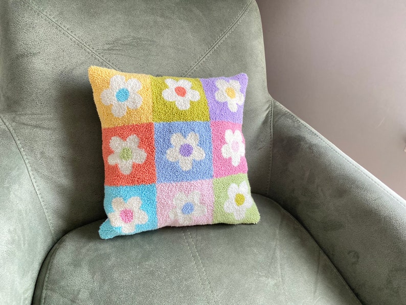 Flowers Punch Pillow Cover, Handmade Decoration, Embroidery Pillow Case, Desing Pillow 16x16 inç image 9