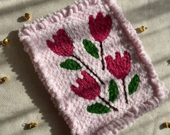 Tapeçaria de parede com agulha perfurada, decoração de parede com flores rosa, decoração de parede tufada à mão, presente para ela