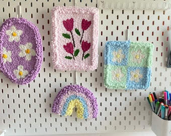 Tapeçaria de parede com agulha perfurada, decoração de parede com flores rosa, decoração de parede tufada à mão, presente para ela