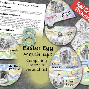 Può includere: Un gioco educativo di abbinamenti di uova di Pasqua che confronta Giuseppe con Gesù Cristo. Il gioco include pezzi di puzzle a forma di uovo con versetti biblici e illustrazioni. Il testo sull'immagine include le istruzioni per le diverse fasce d'età.