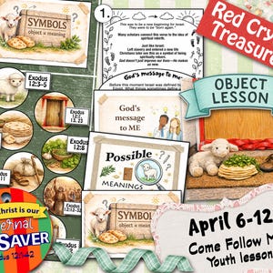 May include: A collection of educational materials with the theme of religious lessons. The image includes illustrations of a lamb, bread, and a door, along with text that reads "Symbols," "Object Lesson," and "Come Follow Me Youth lesson."