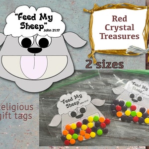 May include: Two white sheep-shaped gift tags with the text "Feed My Sheep" and John 21:17. The tags are in clear plastic bags with colourful sweets inside. The bags are labelled "Red Crystal Treasures" and "2 sizes".