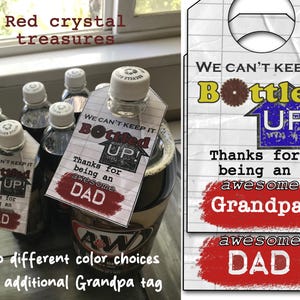 May include: Bottled soda gift set with tags that read "We can't keep it bottled up! Thanks for being an awesome Dad/Grandpa." The image also shows the text "Two different color choices and additional Grandpa tag."