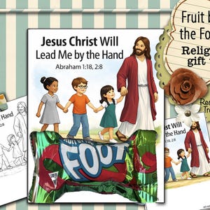 May include: A religious gift tag with the text "Jesus Christ Will Lead Me by the Hand" and "Fruit by the Foot." The image shows Jesus leading children. A candy wrapper is at the bottom. The tag is from Red Crystal Treasures.