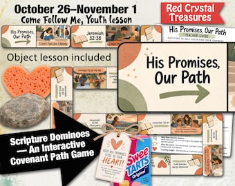May include: A religious educational kit titled His Promises, Our Path featuring scripture dominoes, a teacher guide, a heart-shaped sponge, a grey stone, and a box of SweeTarts candy with a tag that reads Keep His Promises Close To Your Heart.