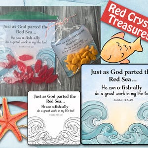 May include: Image features a starfish, bags of red candy, and goldfish crackers. Text on the bags reads "Just as God parted the Red Sea... He can o-fish-ally do a great work in my life too!" A red banner says "Red Crystal Treasures."