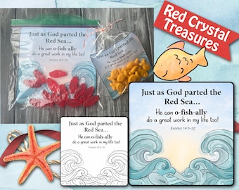 Así como Dios separó el Mar Rojo... ¡Él también puede hacer una gran obra por mi vida! Etiqueta de regalo con caramelos Swedish Fish, Gold Fish y caramelos con forma de pez.