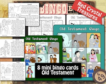 Old Testament Religious Bingo game, 8 mini bingo cards, summery cards