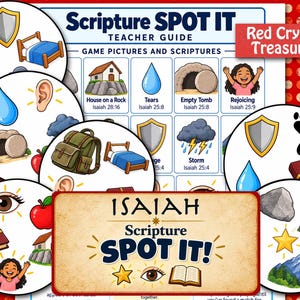 May include: A Scripture SPOT IT game set featuring a teacher guide and multiple circular cards. The cards display colorful illustrations of items like a house on a rock, a blue water drop, an empty tomb, a book, a star, and a person rejoicing.