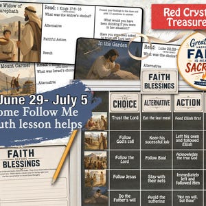 May include: A collection of religious educational materials for youth featuring the text June 29- July 5 Come Follow Me Youth lesson helps. The set includes worksheets with biblical illustrations, a grid chart titled Faith Before Blessings, and a yellow pencil.