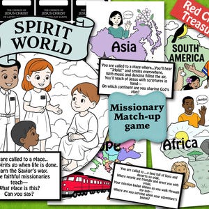 以下が含まれることがあります： 「Spirit World」と「Missionary Match-up game」というタイトルのカラフルな教育ゲームセット。子供たちのイラスト、大陸の地図、テキストプロンプトが含まれています。このゲームは宗教教育用に設計されています。