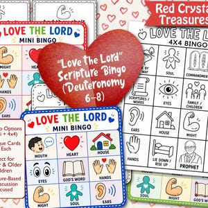 May include: A collection of colorful mini bingo cards with the text "LOVE THE LORD" and various illustrations. The cards feature images of hearts, houses, and body parts. A red heart-shaped card with the text "Love the Lord Scripture Bingo" is also included.