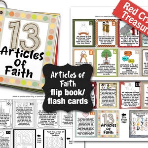 Op de afbeelding: Een spiraalgebonden flipboek met de tekst "13 Articles Of Faith" op de omslag. De pagina's bevatten kleurrijke illustraties en tekst, met een rode banner met de tekst "Red Crystal Treasures". De set bevat flashcards met religieuze thema's.