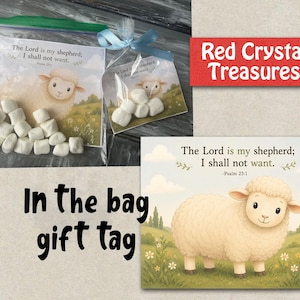 May include: Two clear plastic bags containing white marshmallows and a printed card featuring a cartoon sheep in a grassy field with the text The Lord is my shepherd; I shall not want. Psalm 23:1. A separate card shows the same illustration.