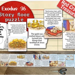 Peut inclure: Puzzle de sol Exodus 36 avec illustrations et texte. Les pièces du puzzle représentent des scènes bibliques, dont de l'or, des rideaux et du texte d'Exode 35:20-29. Le puzzle est conçu à des fins éducatives et religieuses.