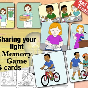 May include: A set of 24 memory game cards with illustrations of children. The cards feature images of sharing, helping, and learning. The title "Sharing your light Memory Game" is displayed prominently. The cards are designed for educational purposes.