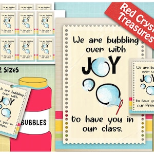 May include: A collection of printable classroom decorations with the text "We are bubbling over with JOY to have you in our class." The design includes bubble graphics and a red and pink bubble bottle illustration. The words "Red Crystal Treasures" are also visible.