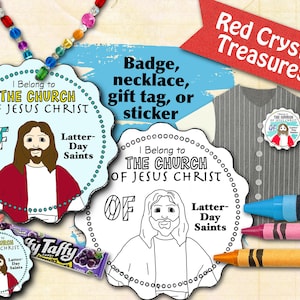 May include: Coloring page featuring a badge, necklace, gift tag, or sticker design with the text "I Belong to The Church of Jesus Christ of Latter-Day Saints". The design includes a cartoon image of Jesus Christ.