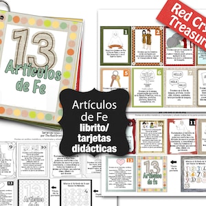 May include: A spiral-bound booklet and flashcards with the text "13 Artículos de Fe" in Spanish. The booklet cover features the number 13 and the title. The flashcards have illustrations and text, with the words "Red Crystal Treasures" on a red banner.