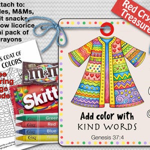 Add color with kind words. Joseph's coat of many colors, gift tag. Crayons, M&M, Skittles. Religious gift tag.