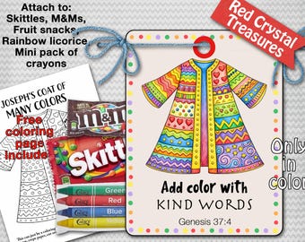 Add color with kind words. Joseph's coat of many colors, gift tag. Crayons, M&M, Skittles. Religious gift tag.