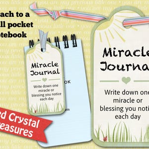 May include: Two cream-colored paper tags with rounded tops and green borders, featuring the text Miracle Journal, a heart icon, and the phrase Write down one miracle or blessing you notice each day, accented with striped ribbons.