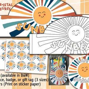 May include: Printable craft set featuring a sun design with the text "I am a sunbeam". The set includes a crown, necklace, badge, gift tag, and stickers. The sun design is in a retro style with orange, yellow, blue, and brown colors.