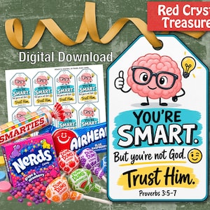 May include: A digital download tag featuring a cartoon brain wearing glasses with the text You're Smart. But you're not God. Trust Him. Proverbs 3:5-7. The image includes Smarties, Nerds, Airheads, and Dum Dums candy with a yellow ribbon.