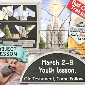 以下が含まれることがあります： 黒板の背景を持つオブジェクトレッスンディスプレイ。 建物、テキスト「力」、「契約」、および「基礎」を描いたパズルピースと、「ROCK bottomでも神の力は本物です」と書かれたタグが特徴です。