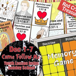 以下が含まれることがあります： イラスト入りのカードとメモリーゲームのボードのコレクション。カードには「Doctrine and Covenants」などのテキストと、人やシンボルのイラストが描かれています。赤いバナーには「Red Crystal Treasures」と書かれています。黒い円には「Dec 1-7 Come Follow Me Youth Lesson helps Sunday School」と書かれています。