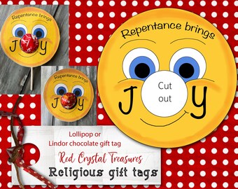 Repentance brings Joy, Cut out nose Religious gift tag, Lindor chocolate