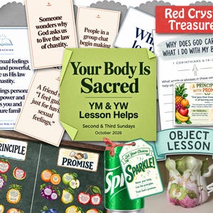 Puede incluir: Una colección de materiales de lecciones religiosas que incluye tarjetas impresas con texto como Your Body Is Sacred, YM & YW Lesson Helps, October 2026 y Why Does God Care What I Do With My Body, junto a una lata de refresco verde y una jarra de cerámica.