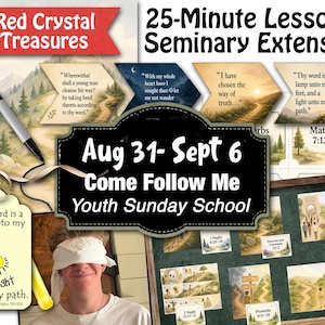 May include: A collection of educational materials for a youth Sunday school lesson titled Aug 31-Sept 6 Come Follow Me. The set includes printed cards with scripture verses, a tag with a lightbulb illustration, and a bulletin board display.