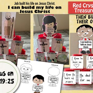 May include: A digital download activity set featuring red plastic cups adorned with paper cutouts of religious figures and text including "I can build my faith on Jesus Christ," "I know he loves me," and "Focus on Job 19:25" for educational use.
