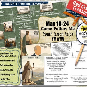 以下が含まれることがあります： 「Come Follow Me」と「Highlight God's Word every day!」のテキストが特徴の、若者向けの学習教材です。レッスン計画、学習シート、聖書のイラストが描かれたカードが含まれています。配色は主に緑、白、赤です。