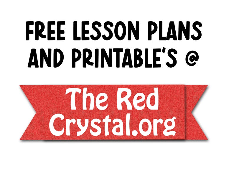 May include: A graphic design featuring black text that reads FREE LESSON PLANS AND PRINTABLE'S @ positioned above a red horizontal banner with pointed ends. The banner contains the white text The Red Crystal.org in a rounded font style.