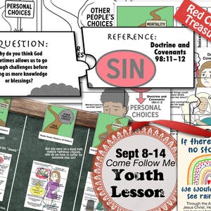 Puede incluir: Un conjunto de materiales educativos para una lección juvenil. La imagen incluye una pieza de rompecabezas con la palabra "SIN", una pregunta y un marcapáginas con un diseño de arcoíris. El tema es "Ven, sígueme" con referencias a Doctrina y Convenios.