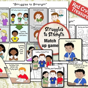 May include: A collection of illustrated cards titled "Struggles to Strength" for a match-up game. The cards depict various scenarios, including homework difficulties, making mistakes, and learning sportsmanship. The game is designed to teach children about resilience and coping.