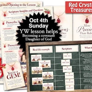 May include: A collection of printed lesson materials for a religious study, featuring the text 'More Precious Than Rubies', 'You're a GEM!', and 'Oct 4th Sunday YW lesson helps'. A red plastic ring is included with the paper documents.