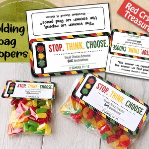 Puede incluir: Etiquetas plegables para bolsas con un gráfico de semáforo y el texto STOP. THINK. CHOOSE. Small Choices become BIG destinations 2 SAMUEL 11-12. Incluye citas de President Russell M. Nelson. Dos bolsas de plástico transparente con caramelos.