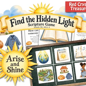 May include: A Find the Hidden Light Scripture Game set featuring a yellow sun graphic, a chalkboard with six illustrated cards showing a globe, calendar, book, garden, house, bread, coat, and a person praying, plus instructional cards and text.