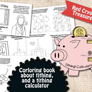 May include: A coloring book about tithing with a pink piggy bank calculator. The calculator has a dial that shows the amount of money earned and the amount paid to tithing. The book includes black and white illustrations of a church, a temple, apples, and chickens. The text on the cover reads "Red Crystal Treasures".