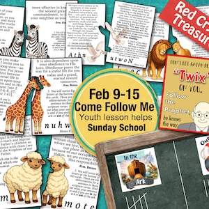 Pode incluir: Uma coleção de auxílios para a lição da escola dominical com ilustrações de animais, incluindo zebras, girafas e ovelhas, juntamente com texto e a frase "Come Follow Me". Uma faixa vermelha diz "Red Crystal Treasures."
