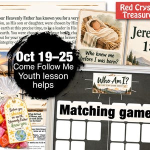 May include: A collection of printed educational materials for youth lessons, including cards with religious text, a matching game board, and a clear plastic bag filled with colorful square candies featuring a tag that reads Before you shined on earth, Heavenly Father knew you.