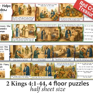 May include: A set of four floor puzzles depicting biblical stories from 2 Kings 4:1-44, including Elisha and the widow, the Shunammite woman, the raising of the son, and feeding many people, with text, illustrations, and questions on each panel.
