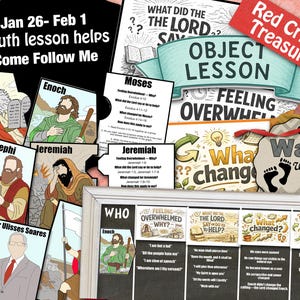 以下が含まれることがあります： モーセやエノクなどの聖書の人物のイラストが描かれた、若者向けのレッスンのための教育資料のコレクションです。「Jan 26- Feb 1 Youth lesson helps Come Follow Me」というテキストが含まれています。
