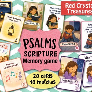 May include: A Psalms Scripture Memory game set featuring 20 cards with 10 matches. The cards display colorful illustrations of children and include questions and Bible verses such as Psalm 119:105, Psalm 119:47-48, Psalm 146:1, and Psalm 102:1-2.
