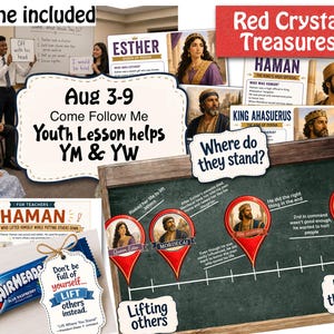 May include: A collection of educational materials for a youth lesson titled Aug 3-9 Come Follow Me YM & YW, featuring character cards for Esther, Haman, and King Ahasuerus, a chalkboard graphic with red map pins, and a blue Airheads candy bar with a tag.