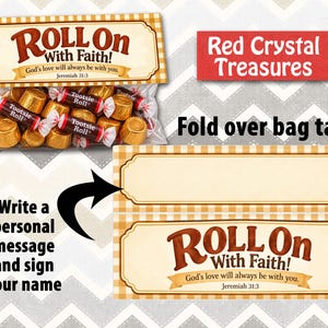 May include: A clear plastic bag filled with gold-wrapped Tootsie Roll candies, topped with a tan and white checkered fold-over tag featuring the text "ROLL ON With Faith! God's love will always be with you. Jeremiah 31:3" and a blank space.